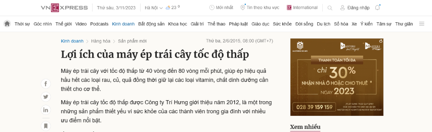 Vnexpress.net: Lợi ích của máy ép trái cây tốc độ thấp