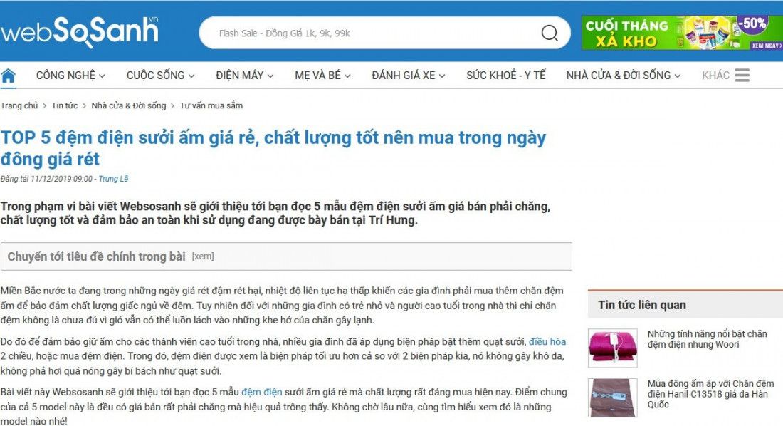 Websosanh.vn: Top 5 đệm điện sưởi ấm giá rẻ, chất lượng tốt nên mua