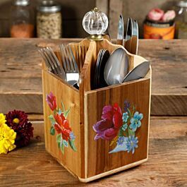 Hộp gỗ đựng dao, thìa, rĩa đế xoay The Pioneer Woman Spring Bouquet