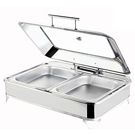 Nồi buffet hơi 2 ngăn dung tích 9 lít, có nắp kính trong quan sát thực phẩm bên trong, bảo hành 2 năm